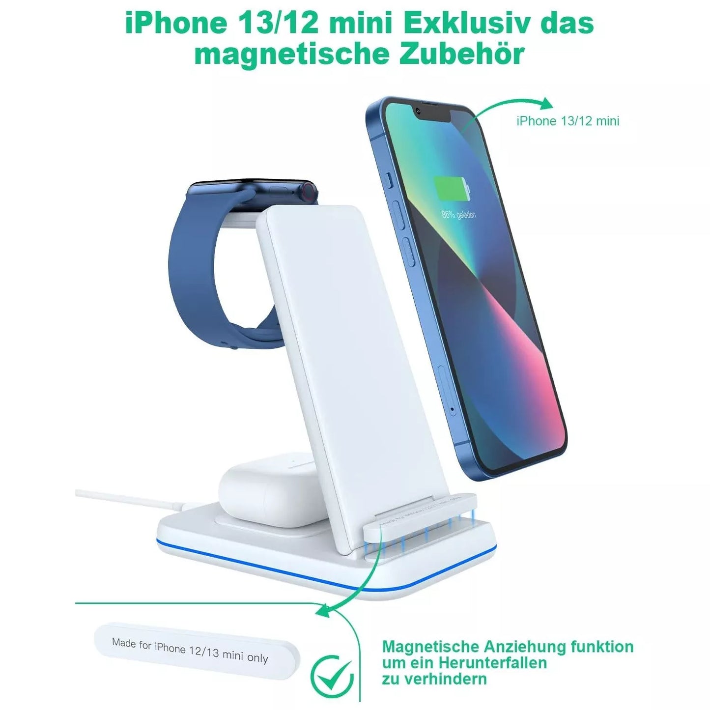 15W Caricatore Wireless Pieghevole Qi Veloce per Samsung e iPhone 11/12/13 Pro