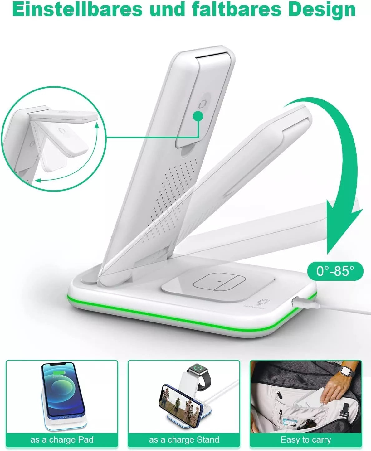 15W Caricatore Wireless Pieghevole Qi Veloce per Samsung e iPhone 11/12/13 Pro